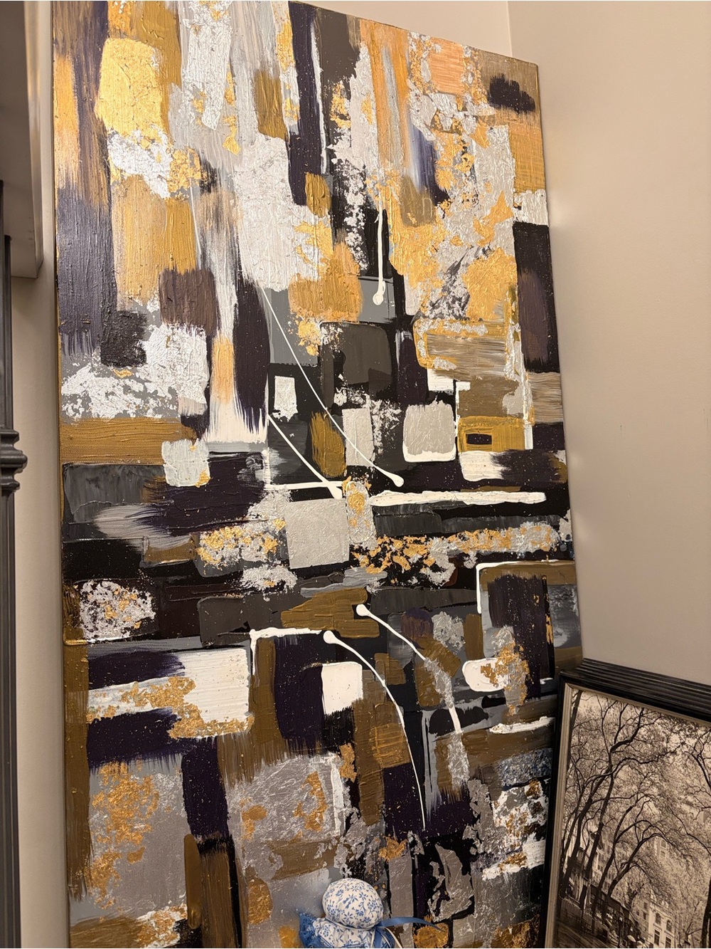 Abstract Metallic Accent Wall Art in Gold, Silver, Black, Cream